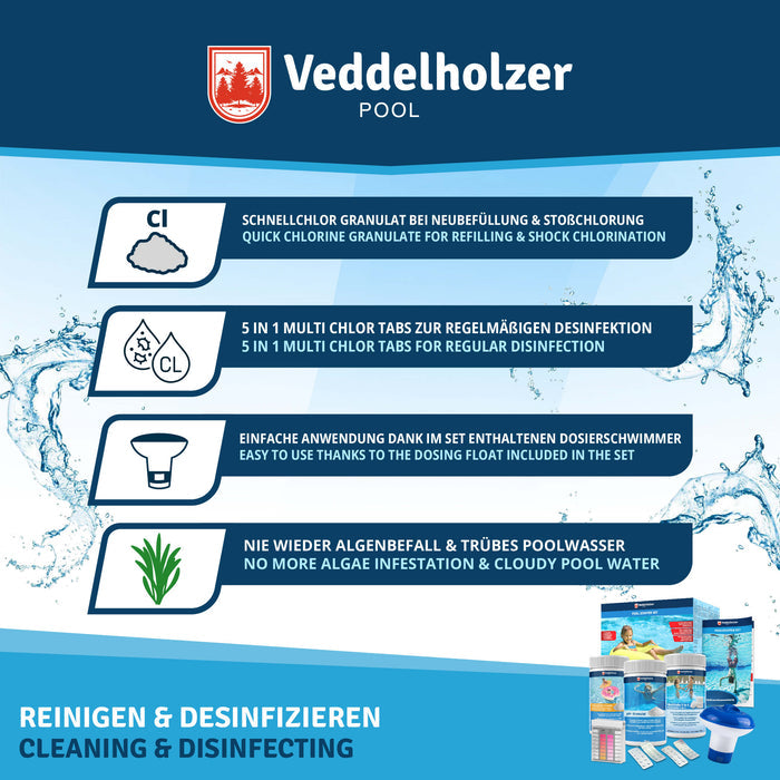 Reinigen und desinfizieren: Schnellchlor-Granulat zur Stoßchlorung, 5-in-1-Tabs zur Desinfektion, kein Algenbefall mehr