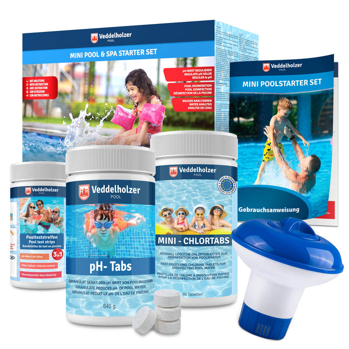 Karton „Mini Pool & Spa Starter Set“ mit Teststreifen, pH-Tabs 640 g, Mini-Chlortabs, Dosierschwimmer und Anleitung