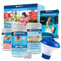 Karton „Mini Pool & Spa Starter Set“ mit Teststreifen, pH-Tabs 640 g, Mini-Chlortabs, Dosierschwimmer und Anleitung