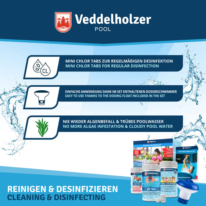 Reinigen und desinfizieren mit Mini-Chlortabs im Dosierschwimmer – gegen Algenbefall und trübes Wasser, daneben die Set-Teile