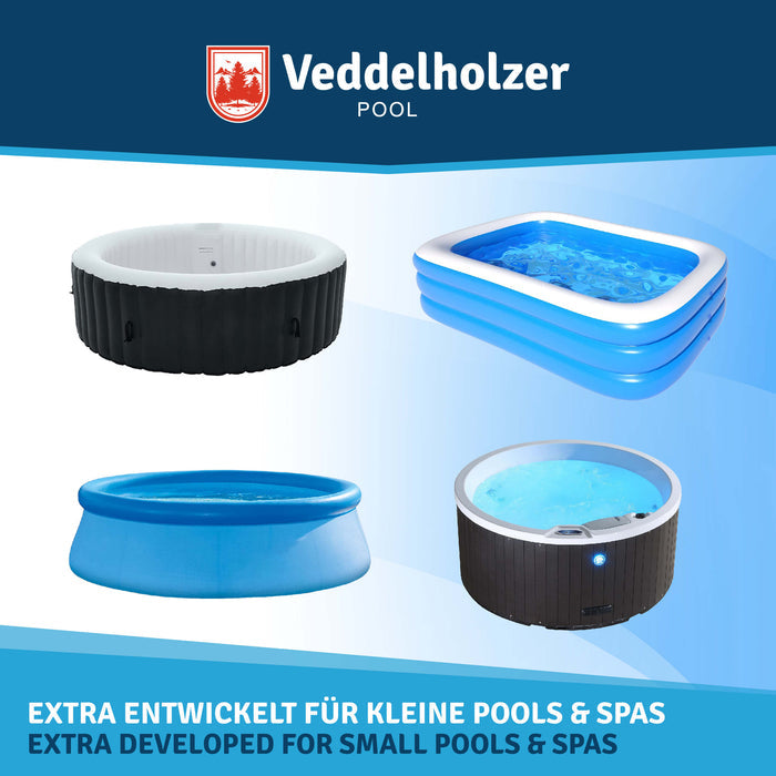 Vier kleine Becken: schwarzer Whirlpool, rechteckiges Planschbecken, Quick-Up-Pool und Spa mit LED-Licht
