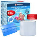 Verpackung „Pool Reparatur Klebeband“, davor blaue Rakel und eine Rolle transparentes Band, Hinweis „Unterwasser einsetzbar“