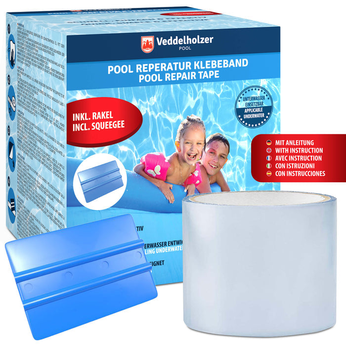 Verpackung „Pool Reparatur Klebeband“, davor blaue Rakel und eine Rolle transparentes Band, Hinweis „Unterwasser einsetzbar“