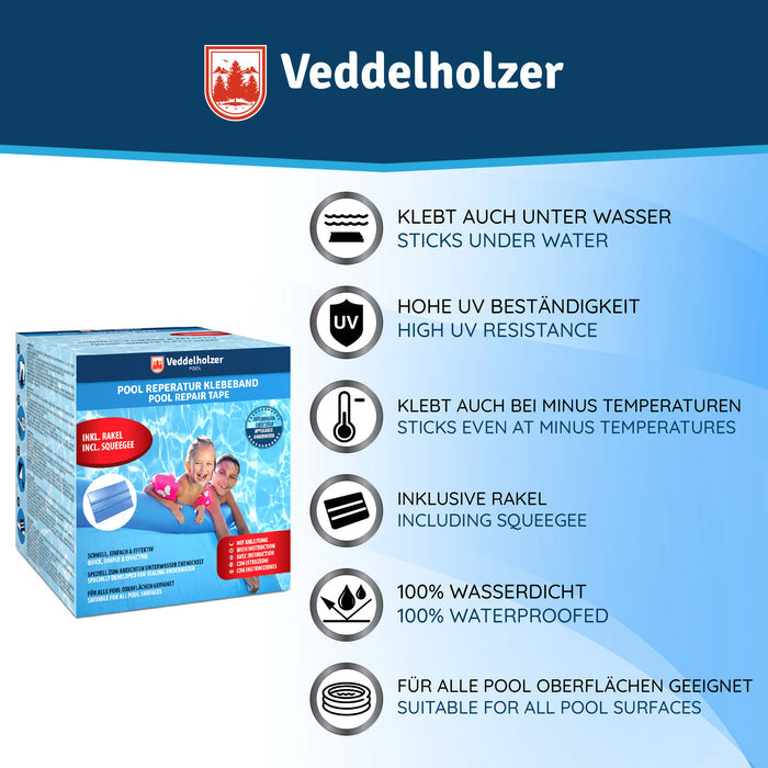 Sechs Eigenschaften: klebt unter Wasser, UV-beständig, hält bei Minusgraden, inklusive Rakel, 100 % wasserdicht