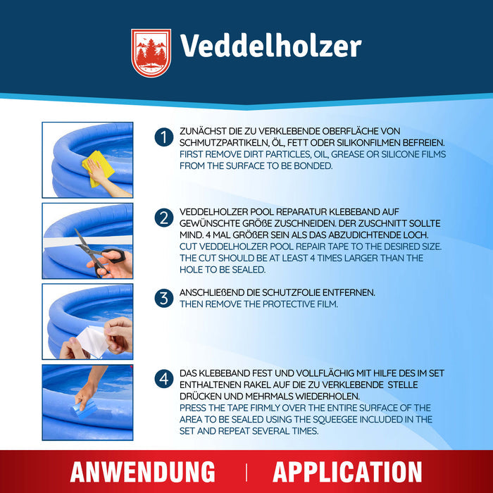 Anwendung in vier Schritten: Fläche reinigen, Band viermal größer als das Loch zuschneiden, Folie abziehen, fest anrakeln