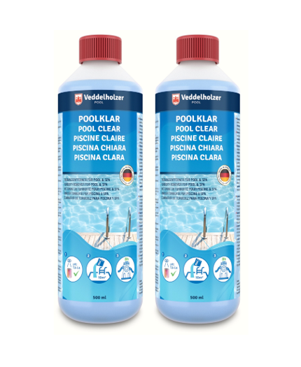 Zwei weiße 500-ml-Flaschen mit rotem Schraubdeckel, Etikett fünfsprachig „Poolklar – Pool Clear – Piscine Claire“ mit Poolmotiv