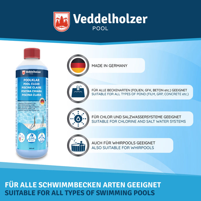 Flasche mit vier Siegeln: Made in Germany, für Folien-, GFK- und Betonbecken, für Chlor- und Salzwasser, auch für Whirlpools
