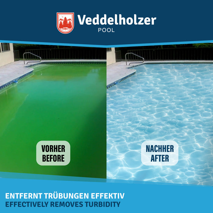 Vorher-Nachher-Vergleich: links grün getrübtes Beckenwasser, rechts klares blaues Wasser – „Entfernt Trübungen effektiv“