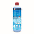 Einzelne 500-ml-Flasche mit rotem Deckel, Etikett mit Poolmotiv und drei Anwendungs-Icons für pH-Wert, Dosierung und Pumpenlaufzeit