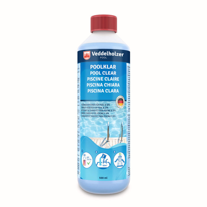 Einzelne 500-ml-Flasche mit rotem Deckel, Etikett mit Poolmotiv und drei Anwendungs-Icons für pH-Wert, Dosierung und Pumpenlaufzeit