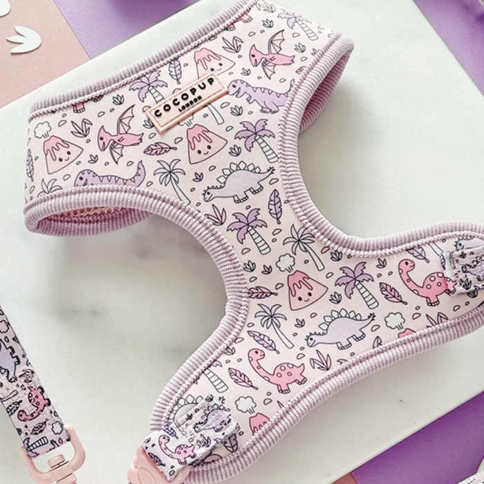 Light pink adjustable harness with purple dinosaur and plant pattern from Cocopup London.