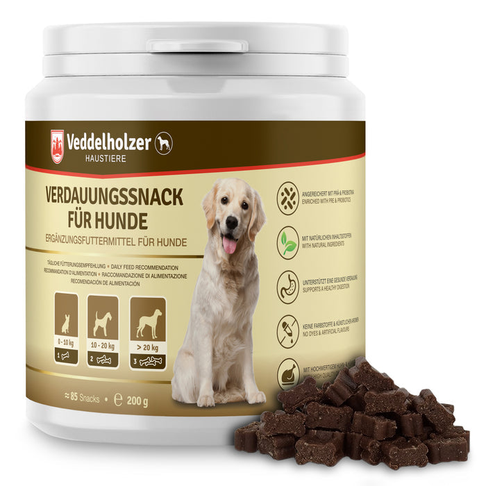 Weiße Dose „Verdauungssnack für Hunde“, 200 g mit ca. 85 Snacks, davor ein Haufen dunkelbrauner Leckerlis in Knochenform