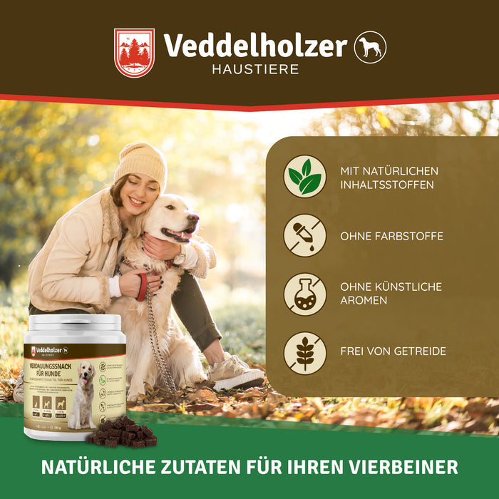 Frau mit Strickmütze umarmt einen Golden Retriever im Herbstlaub, daneben Icons: ohne Farbstoffe, ohne künstliche Aromen, getreidefrei