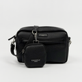 Black PU leather dog walking bag with silver hardware and matching poop bag dispenser attached to the strap.