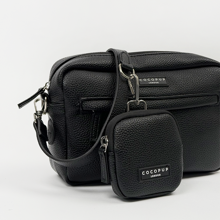 Black PU leather Cocopup London dog walking bag set with silver hardware.