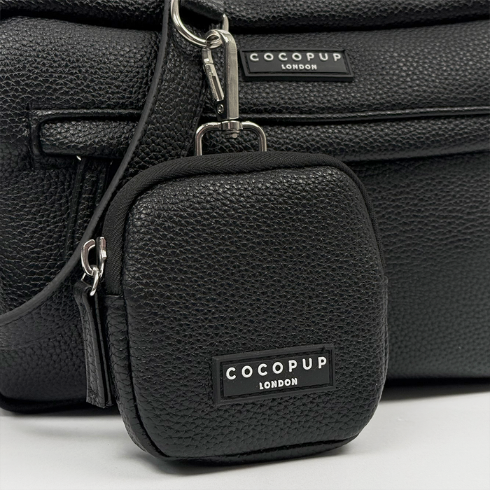 Black Cocopup London PU leather dog walking bags in small and large sizes, both with silver zippers.