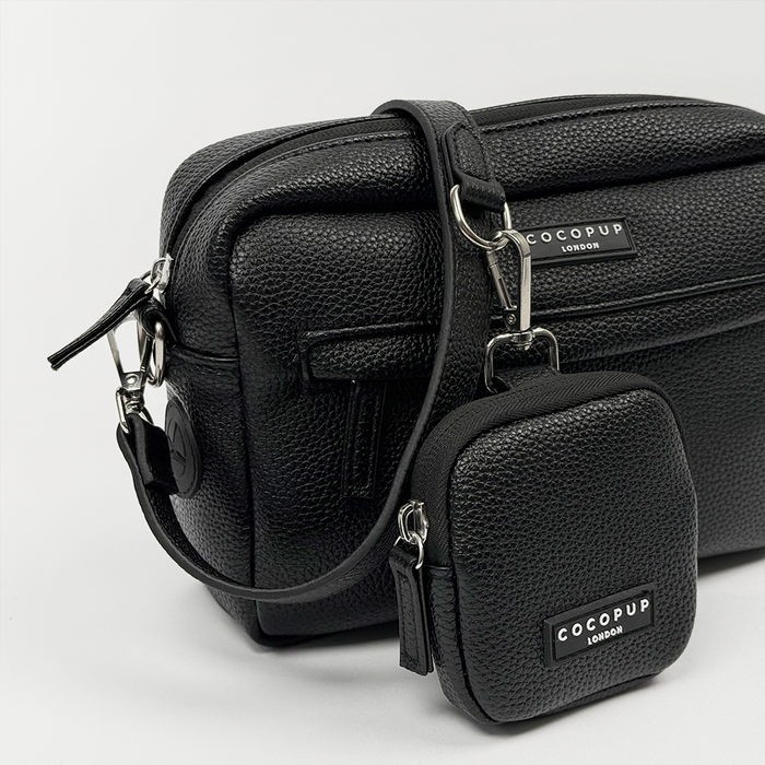 Black PU leather Cocopup London dog walking bag bundle with matching pouch and poop bag dispenser.