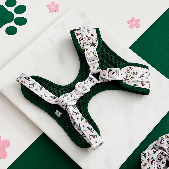 Green and white neoprene dog harness by Cocopup London, displayed on marble with pink and green paw prints.