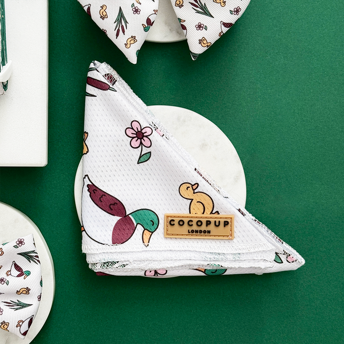 Folded Cocopup London bandana with duck and floral print, displayed on a marble coaster against a green background.