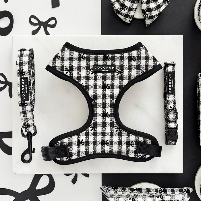 Cocopup London Pup in Paris bundle with checkered harness, collar, and lead featuring white fabric and bow print.