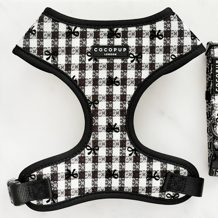 Pink harness, lead, and collar set with Paris-themed pattern from Cocopup London, adjustable fit for dogs.