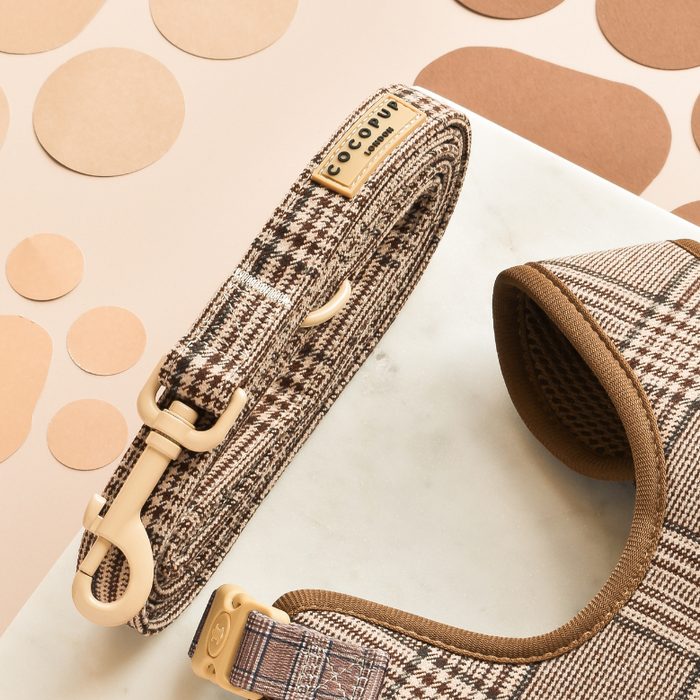 Pup Plaid adjustable harness, lead, and collar set in beige and brown on marble with circular accents.