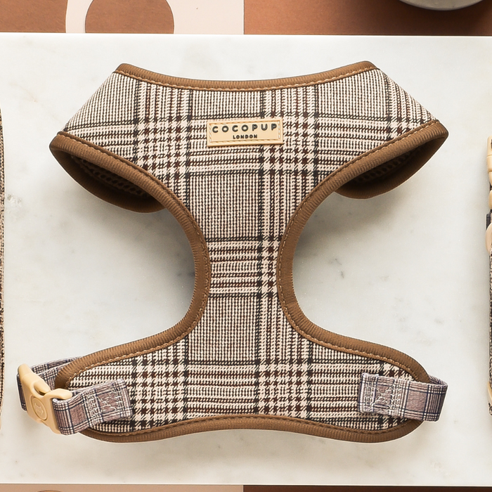 Plaid harness, lead, and collar set in neutral tones from Cocopup London displayed together.