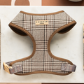 Brown and beige plaid adjustable dog harness with neck strap, displayed on a white background.
