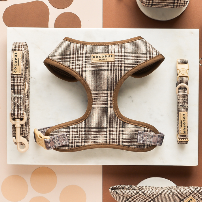 Cocopup London Pup Plaid adjustable neck harness in brown tartan, shown on a white surface with matching background.