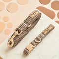 Plaid design dog Lead & Collar set in neutral brown shades, with Cocopup branding.
