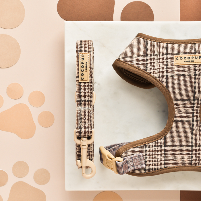 Plaid dog lead by Cocopup London on a marble surface, set against a background with paw print pattern.