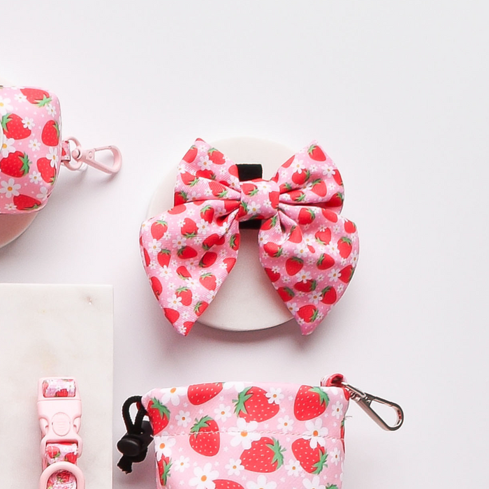 Pupberry Fields sailor bow tie and matching dog accessories in a berry print on a white background.