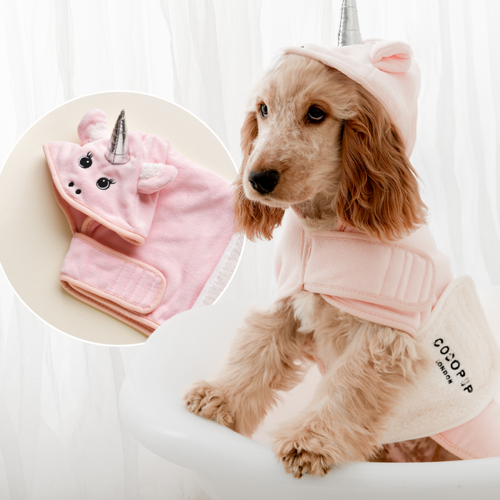 Cocopup London Pupicorn Drying Robe in pastel colors on a dog and displayed flat against a light background.