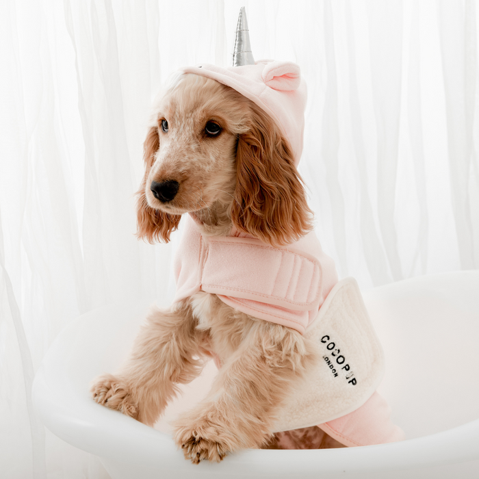 A small, light brown dog wearing a PRE-ORDER Pupicorn Drying Robe from Cocopup London, complete with a silver horn and ears, sits in a white tub. The pink unicorn-inspired robe, featuring a saddle-like piece labeled "Cocopup," is made of premium microfibre. This charming scene perfectly complements the soft, airy background with delicately draped white curtains.