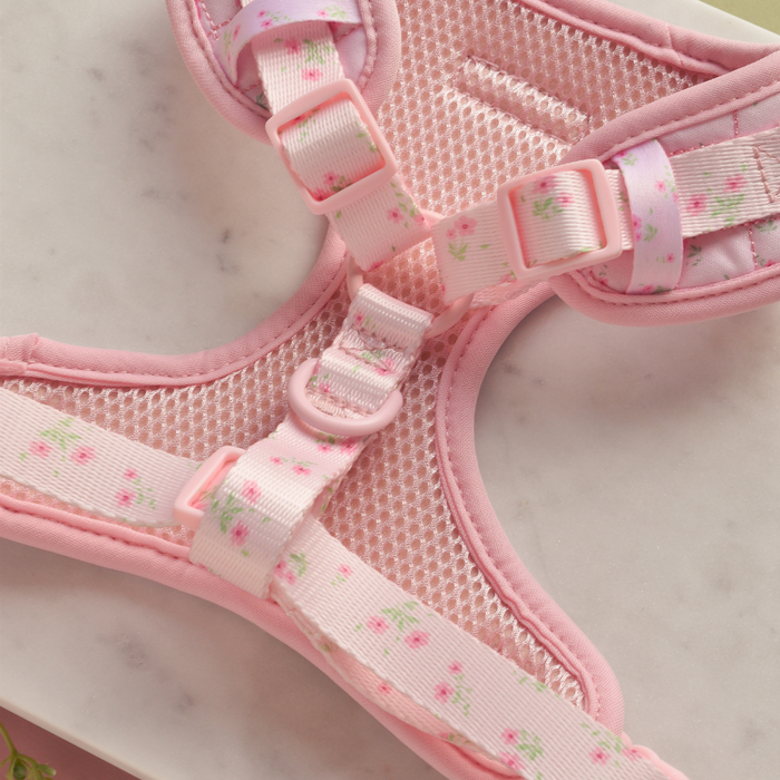 Pink Cocopup London harness with quilted ditsy floral pattern, adjustable neck, and mesh backing.