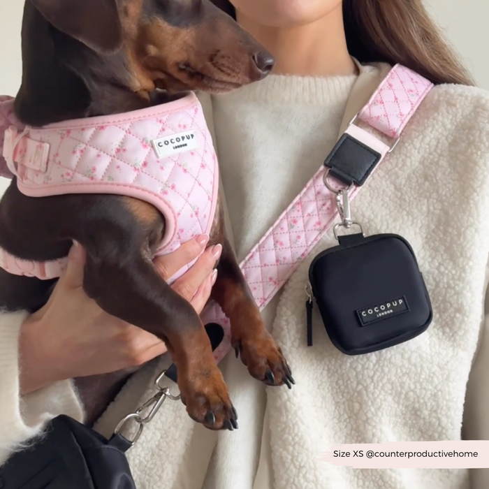 Woman holding small dog in pink harness with matching Cocopup London quilted ditsy floral pink and black bag strap.