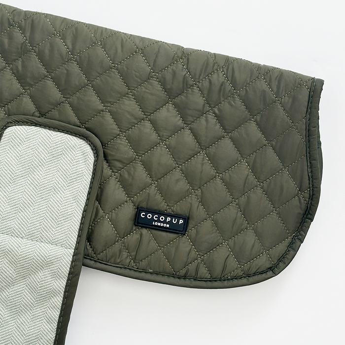 Khaki quilted dog mat with stitched pattern and soft finish by Cocopup London.