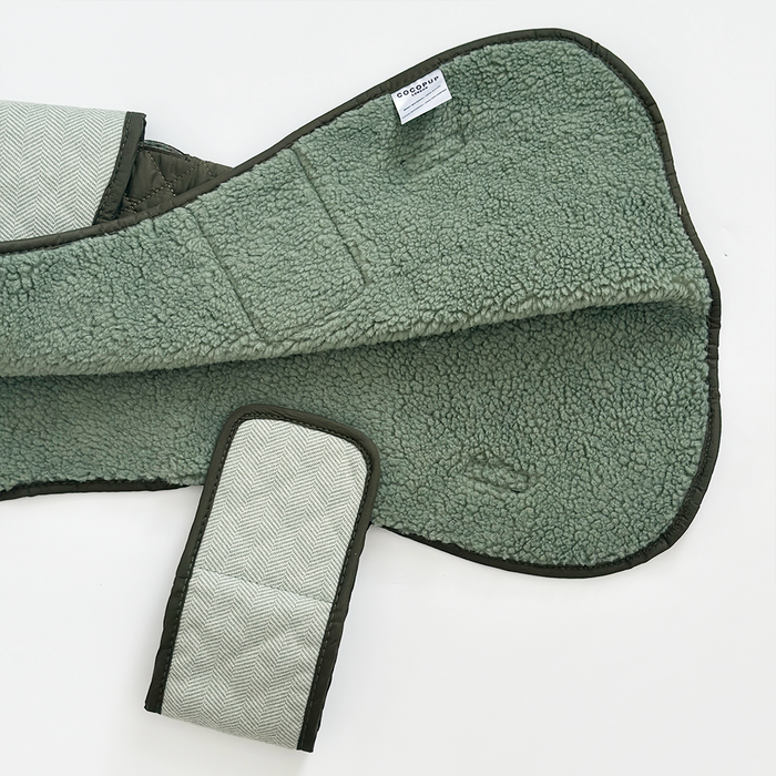 Cocopup London quilted dog coat in khaki with a textured flap, displayed on a white background.