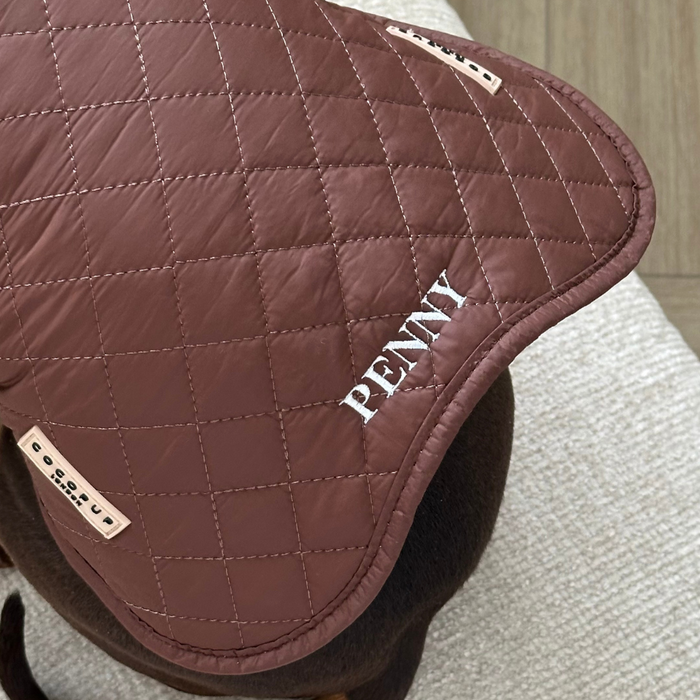 Quilted dog coat in plaid with white PENNY embroidery and beige tags reading GOOD GUY.