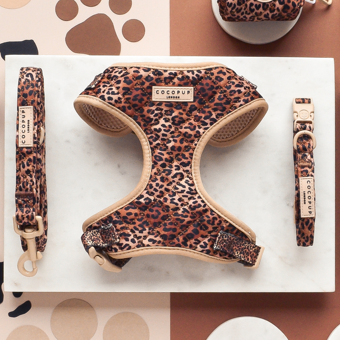 Quilted leopard print dog lead and collar set from Cocopup London on a white marble surface.