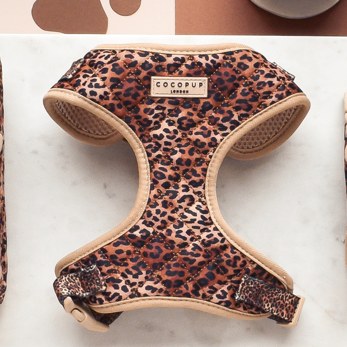 Adjustable harness with a quilted leopard pattern, beige trim, and Cocopup London label on a light backdrop.