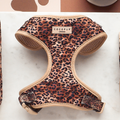 Adjustable harness with a quilted leopard pattern, beige trim, and Cocopup London label on a light backdrop.