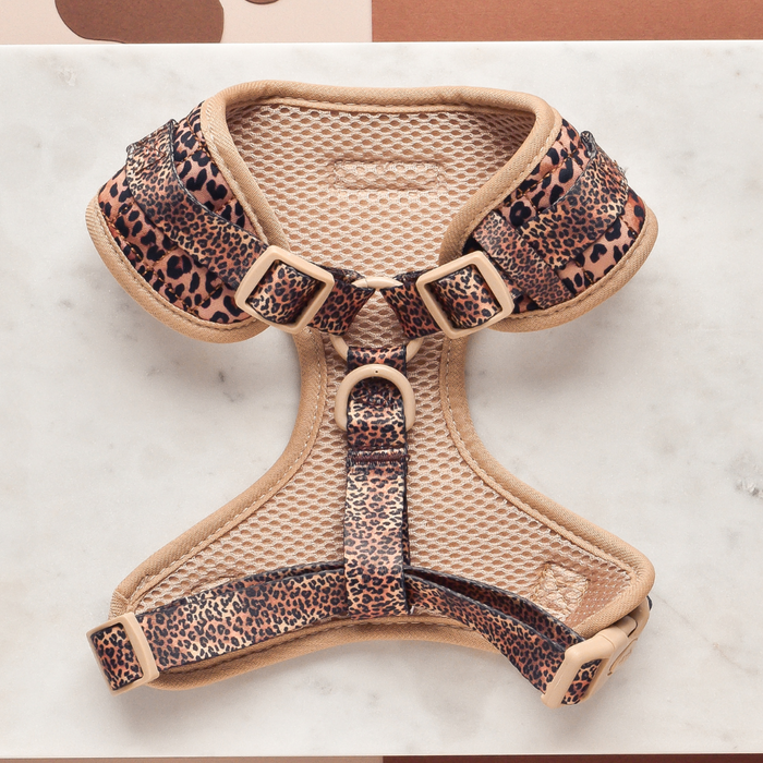 Quilted leopard print dog harness with tan trim, displayed on a white marble surface.