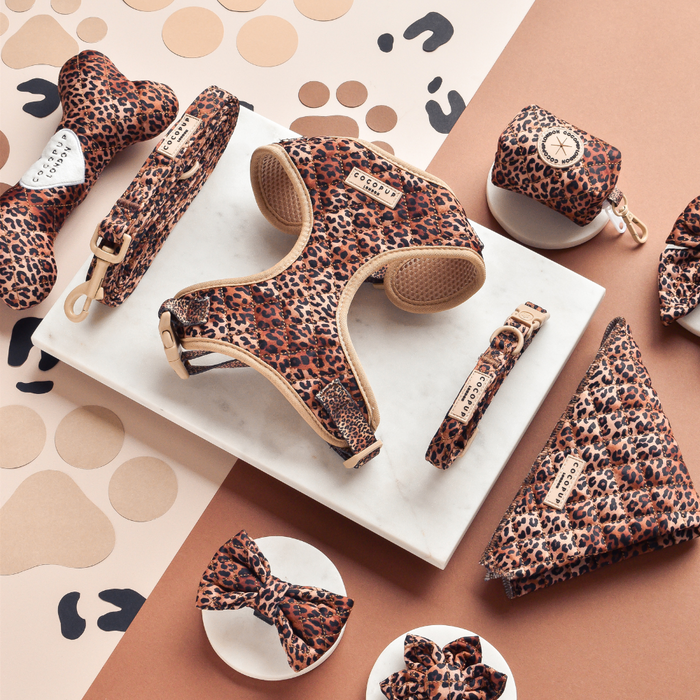Quilted leopard print dog lead and matching accessories on a marble tray.