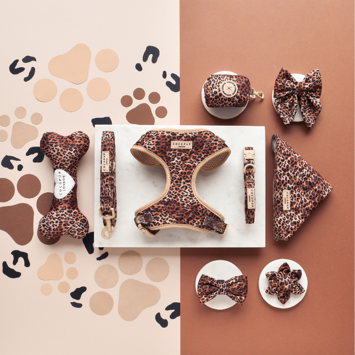 Quilted leopard print dog harness with adjustable neck, matching leash, bowties, bag, and toys displayed together.
