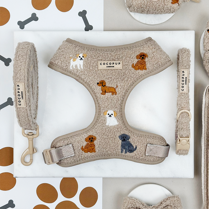 Mocha brown harness, lead and collar set with playful patterns and adjustable neck from Cocopup London.