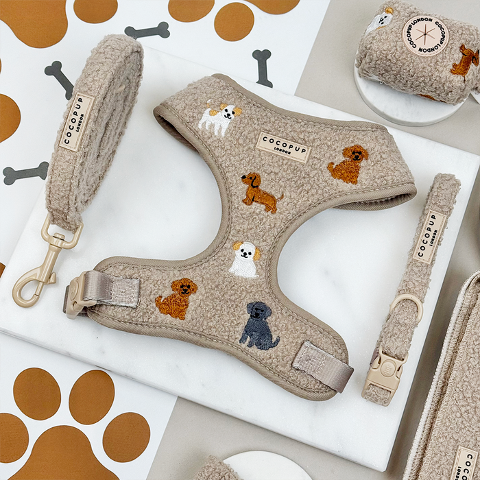 Mocha brown Teddy harness, lead, and collar set from Cocopup London shown against a white background.