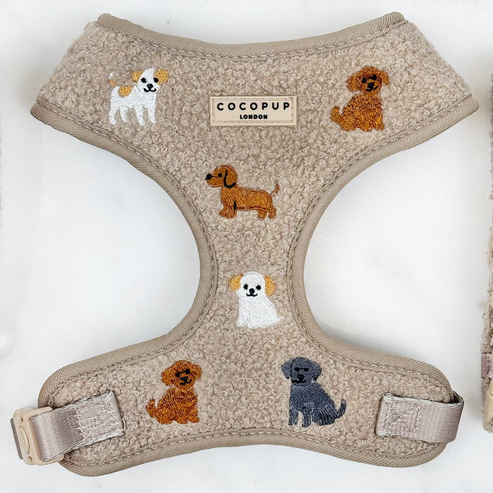 Mocha brown teddy fabric harness, lead and collar set with embroidered cartoon dog designs from Cocopup London.