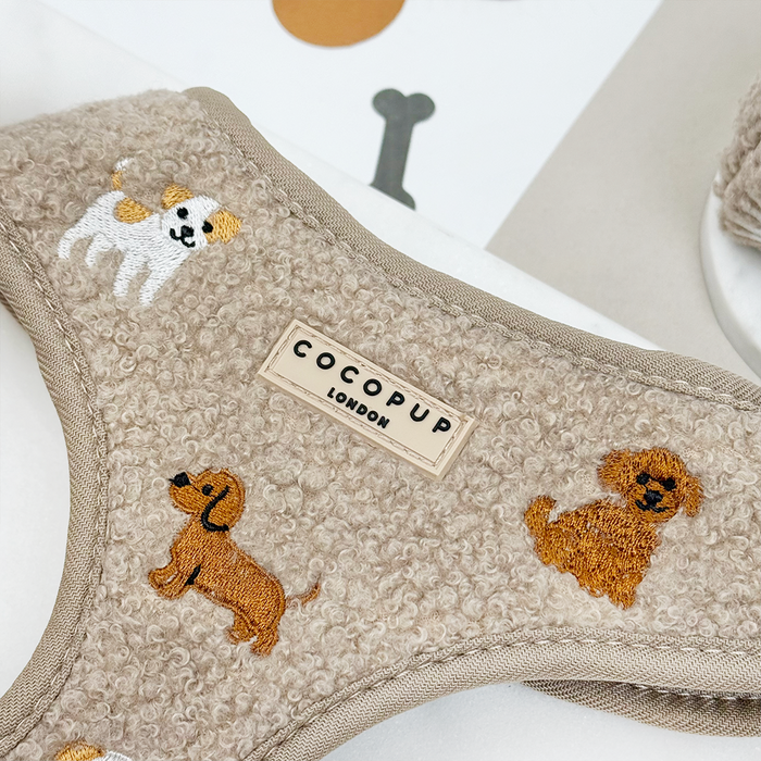 Mocha brown teddy fabric dog harness with embroidered dogs and a Cocopup London label.