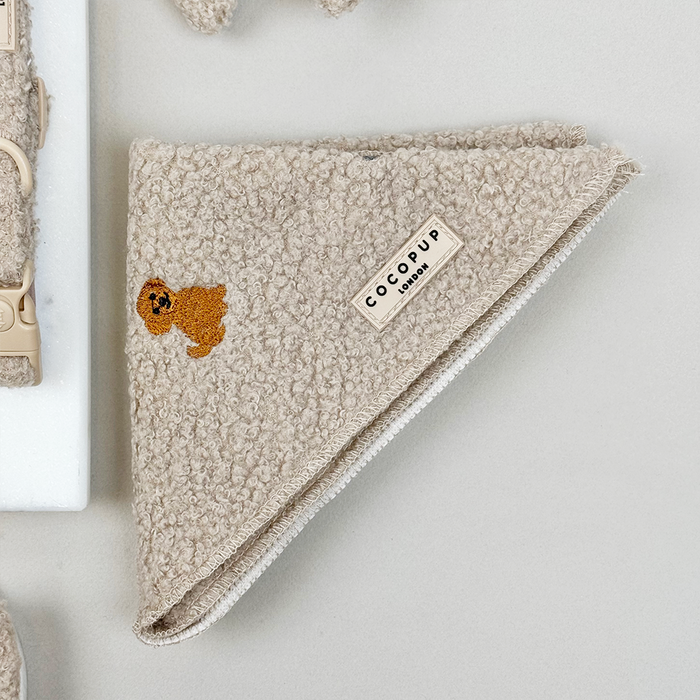 Mocha brown dog bandana with embroidered dog and Cocopup London label on a light background.